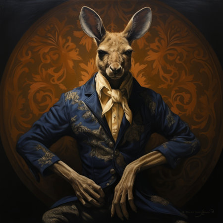 rabbit in a blue suit, australian tonalism style, hyperrealistic fantasy, dark yellow and bronze colors, devilcore influence, large-scale muralist creation, handsome portrayal, contrived elegance. ai generatedの素材