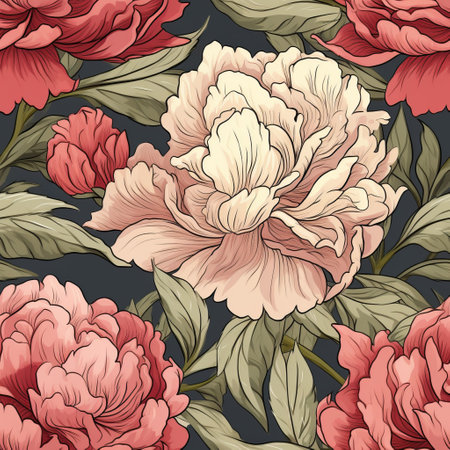 a peony flower wallpaper featuring hyper-detailed illustrations on a blue background. the style showcases light red and dark beige tones, with contoured shading in dark black and pink. the design also incorporates dark crimson and green accents, along with elaborate textiles and hand-painted details. ai generatedの素材