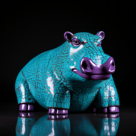 metal hippopotamus sculpture in vibrant dark violet and aquamarine colors. this high-detailed junglepunk piece features a sleek metallic finish, exuding unpolished authenticity. the duckcore design adds a unique twist to the animalier aesthetic. ai generatedの素材