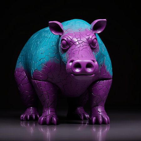 the art sculpture of a hippo, with purple and blue stripes, is created in the style of zbrush. the cracked, junglepunk design features low depth of field, dark pink, and light azure colors. the uneven textures add a unique touch to the sculpture, making it stand out among other animals and people. ai generatedの素材