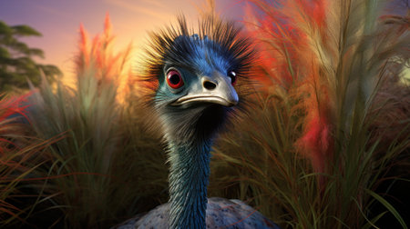 photo of a vibrant emu strutting through tall grass, showcasing its iridescent feathers in bright, natural lighting. the hyper-realistic image captures the bird's vivid colors, from deep blues and greens to fiery reds and oranges. shot with a canon eos r5 mirrorless camera and rf 100-500mm f4.5-7.1 l is usm lens, the high-resolution 16k photo mirrors the style of tim laman's vibrant bird photography. aiの素材
