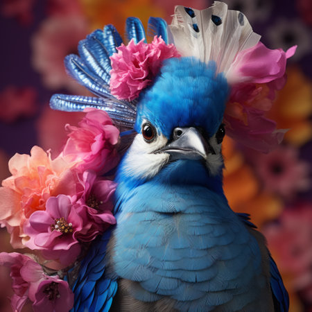 blue bird perches amidst a vibrant yellow, white, and blue floral arrangement, reminiscent of elaborate costumes. the dark azure and pink hues create an evocative environmental portrait, while the hyperrealistic animal portrait captures the bird's essence. the post-processing enhances the explosive wildlife scene, resulting in a cute and colorful composition. ai generatedの素材