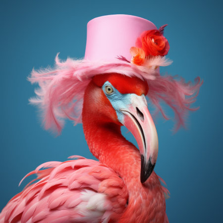a playful and fun imagery of a very pink bird wearing a pink hat stands out on a grey background. this bold fashion photography captures photorealistic fantasies with colorful costumes, showcasing conceptual photography at its finest. the light teal and red accents add an extra touch of vibrancy to this contest-winning shot. ai generatedの素材