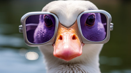 white duck wearing sunglasses in ultraviolet photography style. emphasis on facial expression with distinct framing and visual puns. light brown and violet colors add an ethical concern. captured with a fish-eye lens for a unique perspective. ai generatedの素材