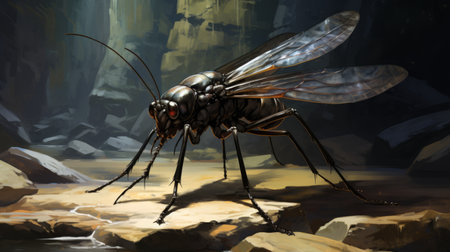 a bug character for the comic book, inspired by the detailed science fiction illustrations of christopher balaskas and the naturalistic plein air paintings of frederic edwin church. this dark silver and gold character combines elements of technology-based art with the artistic style of cliff chiang. ai generatedの素材