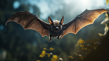 a bat rests on the forest floor in this 8k resolution image, captured with vignetting by caras ionut. the sharp and clever humor of the scene is enhanced by dynamic and expressive animations. this captivating photo brings to mind the works of ary scheffer and danh v. ai generatedの素材