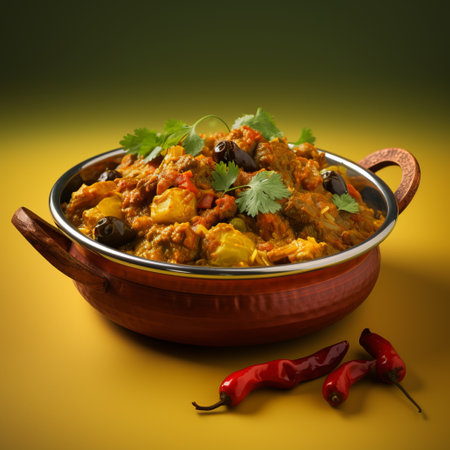 indian curry in a ceramic pot on a yellow background with red chilies and garlic. the photo is styled with dark purple and dark gold, velvia, utilizes, bob eggleton, softbox lighting, multi-layered, combining natural and man-made elements. ai generatedの素材
