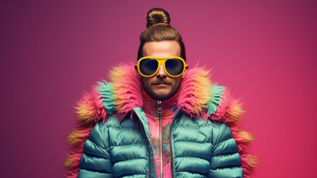 caterpillar male animal in modern punk clothes with a huge surreal fashion hairstyle, tattoos, and piercings. cracking up laughing, eyes closed, extremely happy, and exaggerated. the photo features wes anderson colors, retro color striped background, profoto lighting, and a cinematic 8k color illustration. ai generatedの素材