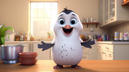 an animated penguin, inspired by the style of alex hirsch, stands on a kitchen counter. with ultra-realistic details and frozen movement, this lighthearted scene showcases soft and dreamy depictions. the inventive character designs bring this hatching penguin to life in a captivating way. ai generatedの素材