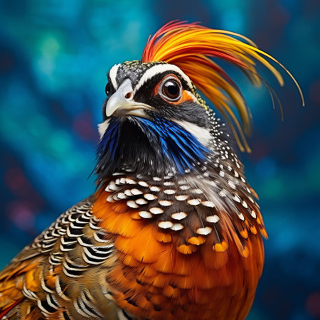 portrait of a vibrant pheasant showcasing its stunning plumage, adorned with a mix of dark orange and light navy hues. the intricate background elements complement the goerz hypergon 65mm f8 lens, capturing a blend of realism and fantasy. this captivating chinapunk-inspired artwork features bold and colorful characters, creating a charming visual narrative. ai generatedの素材