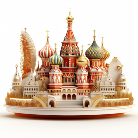 russian st. basil's cathedral stands on a pedestal, featuring whimsical and fantastical elements in a hyperrealistic cityscape. the light gold and orange colors of the isolated landscape complement the futuristic architecture, creating a sculptural assemblage with a touch of light red and white. ai generatedの素材