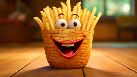 a cartoon french fry, wovenperforated style, sits on a table. joyful and charming characters come to life in this close-up intensity. the character-driven scene, reminiscent of jean restout the younger's art, captures the essence of whimsy and delight. ai generatedの素材