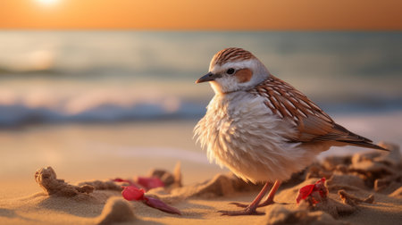 a small bird stands on the beach, surrounded by richly layered tones of light white and dark pink. bathed in golden light, this captivating scene captures the essence of a contest winner. the bird's feathers display a beautiful combination of light brown and orange hues, creating a stunning layered composition. shot in 32k uhd resolution, this image is a true visual masterpiece. ai generatedの素材