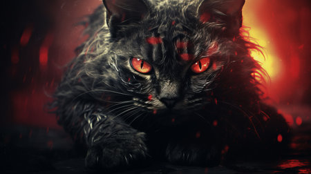 the cat with red eyes is depicted in a dark fantasy style, showcasing explosive wildlife and bold, manga-inspired characters. the image features vray tracing and photo-realistic techniques, with selective focus adding to the burned and charred aesthetic. ai generatedの素材