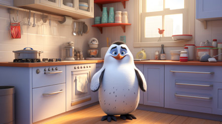 penguin in the kitchen, wallpaper the secret of penguin island photo, in the style of vray tracing, emotionally charged scenes, 32k uhd, soft gradients, ue5, rendered in cinema4d, lively facial expressions. this captivating image captures a penguin exploring a kitchen, with intricate details and vibrant colors, creating an immersive and visually stunning experience. ai generatedの素材