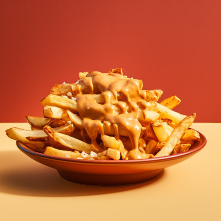 fries drenched in butter sauce on a yellow background, rendered in unreal engine style. the photo features light crimson and light brown tones, reminiscent of nyc explosion coverage. the composition draws inspiration from the shang dynasty, with monochromatic layers and a ceramic-like texture. the image showcases the technique of focus stacking. ai generatedの素材