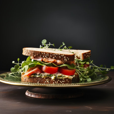 smoked salmon sandwich on a plate, set against a dark brown background. the vibrant and lively hues of light emerald and gold create a striking contrast. captured with the tokina at-x 11-16mm f/2.8 pro dx ii lens, this photo showcases a prairiecore aesthetic with striped arrangements and multi-layered storytelling. ai generatedの素材