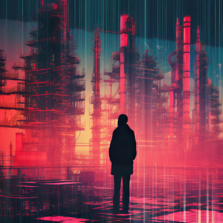 person standing in front of futuristic machinery and a bright pink light. the image features a melancholic cityscape with aggressive digital illustration in dark cyan and red. the 8k resolution captures the weathercore aesthetic, resembling oil portraitures. ai generatedの素材