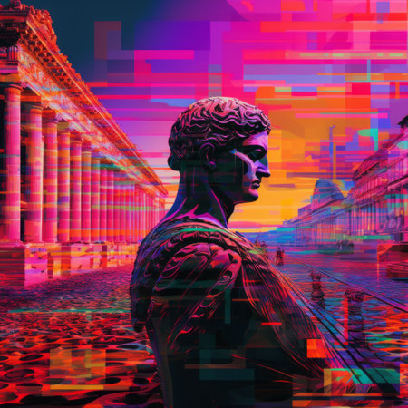 a man stands in front of vibrant buildings, surrounded by a colorful background reminiscent of roman art and architecture. this portrait captures the essence of synthwave with its grandiose ruins and majestic figures. the hyper-detailed composition showcases elements inspired by etruscan art, highlighted by the striking combination of light cyan and crimson tones. ai generatedの素材