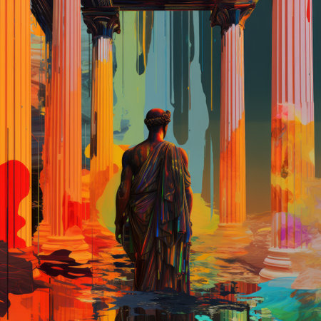 an abstract painting featuring a person standing before an arctic structure adorned with vibrant graffiti. this artwork combines elements of classical antiquity, digital gradient blends, neoclassical sculptures, and the grandiose ruins. created by martin ansin, it showcases the luminosity of water in stunning 8k 3d detail. ai generatedの素材