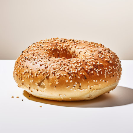 a sesame bagel is placed beside a white table, captured in a minimal retouching style. this uhd image showcases the subject matter of new york city, with its richly layered and explosively pigmented appearance. the photo exhibits elements of booru and daguerreian techniques. ai generatedの素材