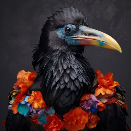 a stunning realistic portrait of a large black crow with vibrant orange and purple feathers, captured in the style of flora borsi, mike campau, and marguerite blasingame. the bird's colorful plumage contrasts beautifully with its textured expression, while the tropical baroque-inspired background adds a touch of whimsy. this piece is a must-have for any collector of realistic animal portraits, ai generatedの素材