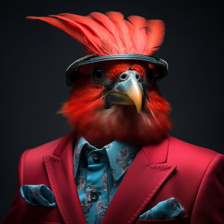 red parrot in suit captured by daniel brahma on 500px showcases eclectic curatorial style and fanciful costume design. the hyper-realistic portraiture, shot with a sony alpha a7 iii, embodies the artist's appropriation approach. the mcdonaldpunk and furry art elements add a unique twist to the captivating image. ai generatedの素材