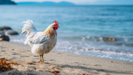 a white and black rooster is strolling on the sandy beach by the ocean, showcasing ethical concerns and petcore aesthetics. the scene is captured in a light teal and light red color palette, evoking a golden age aesthetic. the image is shot at iso 200, featuring nonrepresentational elements and enhanced with rtx technology. ai generatedの素材