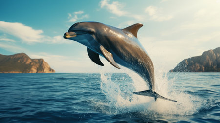 a dolphin leaps out of the ocean, showcasing the precisionism influence in its style. this uhd image captures the beauty of dutch marine scenes with vray tracing and cross processing techniques. the light aquamarine and brown tones create a pictorial effect that enhances the overall visual appeal. ai generatedの素材