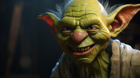 star wars ewok avatar rework, inspired by goblin academia, rendered in cinema4d with a playful expression. the design draws influence from hieronymus bosch and peter coulson, featuring joyful and optimistic vibes with a color palette of light green and dark azure. ai generatedの素材