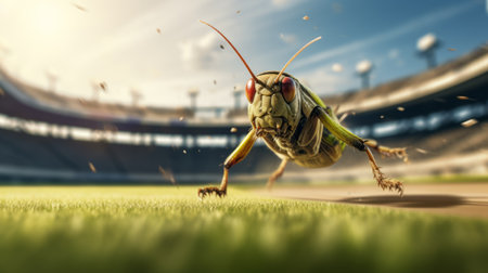 a flying cricket ball and bat, accompanied by a soaring bird in a cricket stadium. this non-representational photo captures the intensity of the game with an insect-like quality. the image, inspired by the styles of bill gekas, ivanovich pimenov, and todd mcfarlane, showcases vibrant shades of green and amber. enjoy this uhd masterpiece!, ai generatedの素材