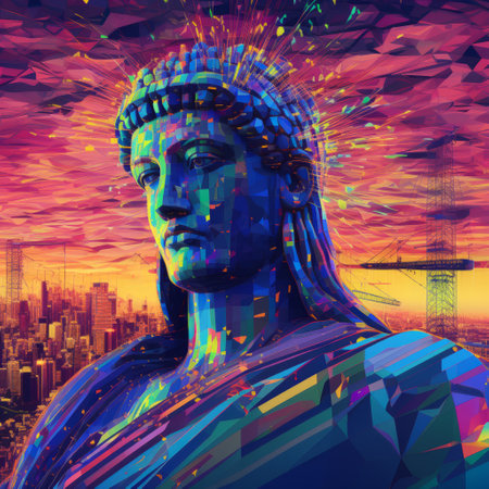 a psychedelic portrait of the statue of liberty, set against a backdrop of cities and buildings. this aggressive digital illustration combines elements of hellenistic art with magenta and blue tones. the editorial illustration showcases realistic hyper-detailed portraits, enhanced by volumetric lighting. ai generatedの素材