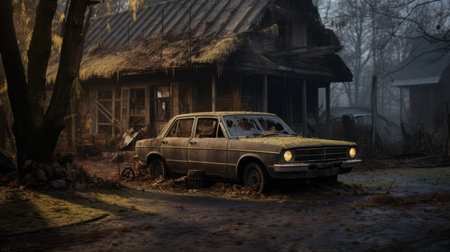 a car is captured in a spooky ukrainian forest scenery, showcasing photorealistic urban scenes and nostalgic rural life depictions. the haunting houses and burned-charred elements add an eerie touch to the atmosphere. rendered in unreal engine, this photo evokes a sense of mystery and intrigue. the use of fujifilm provia enhances the rustic still lifes, creating a captivating visual experience. ai generatedの素材