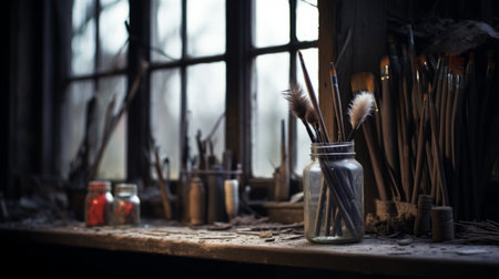 art supplies and paint brushes are scattered on a glass surface in a studio. the scene is captured in the style of post-apocalyptic themes, with a light-filled ambiance reminiscent of hudson river school paintings. the rusticcore setting features miniature sculptures, depicting everyday life through the lens of the tokina at-x 11-16mm f/2.8 pro dx ii. ai generatedの素材