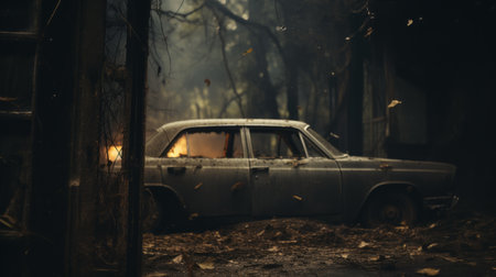 an old silver car is parked in a wooded area, surrounded by fallen leaves. the scene exudes a sense of emotional narrative and rustic charm, reminiscent of the aesthetics of burnedcharred, jessica rossier, and the farm security administration. the high-resolution 32k uhd image captures the tonalist beauty of the setting, evoking a todd mcfarlane-esque atmosphere. ai generatedの素材