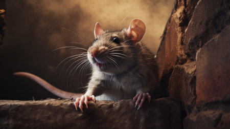 a gray rat stands on a brick wall, showcasing realistic still life with dramatic lighting. the dark brown and orange hues enhance its strong facial expression. this explosive wildlife moment is captured using a pentax 645n camera, resulting in exaggerated caricatures. experience the vividness of this scene with rtx on. ai generatedの素材