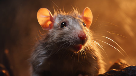 a gray rat gazes in awe at a darkened scene, revealing splattered dirt. this photo, rendered in cinema4d, showcases a stunning combination of light gold and orange hues. sunrays gracefully illuminate the rat, highlighting its photorealistic features achieved through advanced techniques like rtx. the image exudes a sense of joy and optimism, accentuated by the rat's distinctive noses. ai generatedの素材