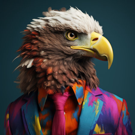colorful man's suit featuring realistic animal portraits, photobashing, patriotic elements, and vibrant, brightly colored birds. rendered in cinema4d, this unique ensemble showcases a ragepunk aesthetic with its striking crossed colors. ai generatedの素材