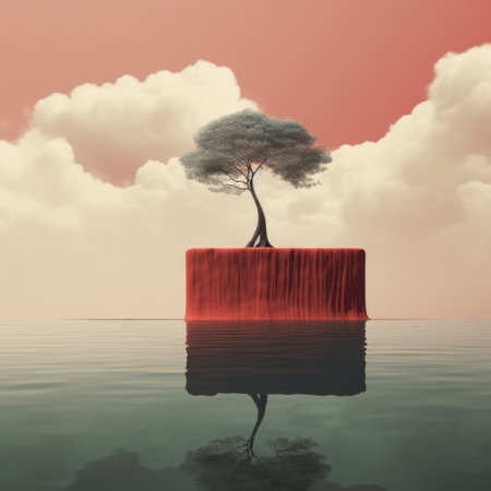 a dark red and light cyan tree stands on an island in a lake, creating a captivating scene reminiscent of conceptual art. this realistic yet imaginative portrayal showcases soft, romantic vibes with elements of cubo-futurism. the minimalistic portrait is beautifully rendered in cinema4d, capturing the essence of this unique composition. ai generatedの素材