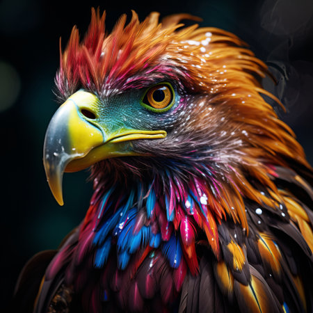 eagle with colorful feathers, in the style of ray tracing, characterful animal portraits, national geographic photo, digital art techniques, dark crimson and amber, influenced by ancient chinese art, contest winner. ai generatedの素材