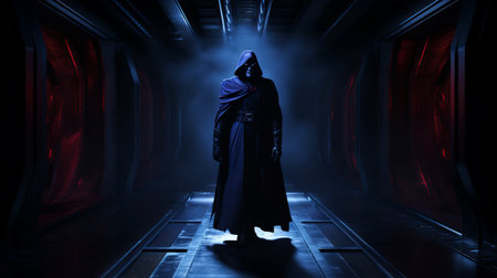 a mysterious creature with dark navy and crimson tones is captured in a traditional photographic style reminiscent of george lucas. the solarized effect adds to the mood of the enclosed room, giving it an eerie feel. this stunning image merges techniques used by mike campau and traincore, creating a masterpiece that highlights the artistry of keos masons. ai generatedの素材