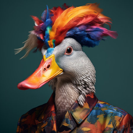a guy wearing a vibrant rainbow jacket adorned with colorful feathers and birds, showcasing the unique style of object portraiture specialist, duckcore. the characterful animal portraits and constructed photography capture the essence of dark cyan and orange hues, creating a realistic and visually captivating image. ai generatedの素材