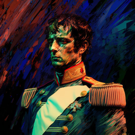 a man in a military uniform is depicted in this neon impressionism-style painting. created using cinema4d, the artwork captures the essence of a historical drama with its saturated color field. the use of the tokina opera 50mm f14 ff lens adds depth to the composition. additionally, elements of drip painting and celebrity image mashups contribute to the overall aesthetic. ai generatedの素材