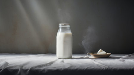 an old refrigerator bottle sits next to a sheet of white cloth, creating a misty atmosphere in this iconic kitchen still life. the commercial imagery is captured in the style of furaffinity, with a luminism effect, using fujifilm natura 1600. ai generatedの素材