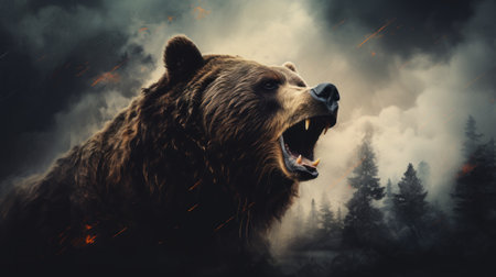 bear showing teeth in double exposure style on dark background. apocalypse landscape, hdr, historical genre scenes, intense movement expression, wilderness, and emotional intensity. ai generatedの素材