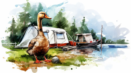 duck with a trailer next to the water of a lake, in the style of digital painting and drawing. the colorful ink wash paintings capture the detailed character design of the scene, evoking a cabincore aesthetic. the image is reminiscent of british topographical art and features a serene atmosphere, enhanced by the use of ferrania p30 film. ai generatedの素材