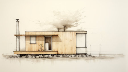the traditional house sketch features birds perched on the porch, showcasing japanese minimalism. the hyperrealistic rendering captures varying wood grains and delicately rendered landscapes. the conceptual minimalism is depicted in the 3840x2160 resolution, shot with a minolta riva mini. ai generatedの素材