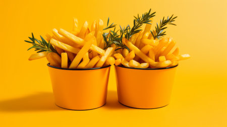 two french fries are served in a yellow bucket on a vibrant yellow background. the photo showcases a symmetrical arrangement with a touch of silver and orange accents. the use of vray tracing enhances the realistic look, while focus stacking ensures sharpness throughout the image. the organic compositions and velvia effect add depth and richness to the overall aesthetic. the matte background complements the subjectの素材