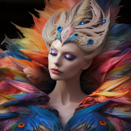 a mesmerizing contest-winning girl, adorned with colorful feathers and accessories, captivates with a unique blend of realistic and fantastical elements. created in the style of zbrush and daz3d, this porcelain beauty stands out in vibrant colorscapes, showcasing her stunning and intricate costumes. ai generatedの素材