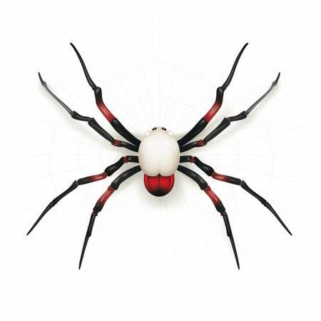 black widow spider with surrealistic elements and symmetrical design. minimal retouching brings out the light red and white colors on a white background. this artwork by gediminas pranckevicius is reminiscent of dino valls' style. ai generatedの素材
